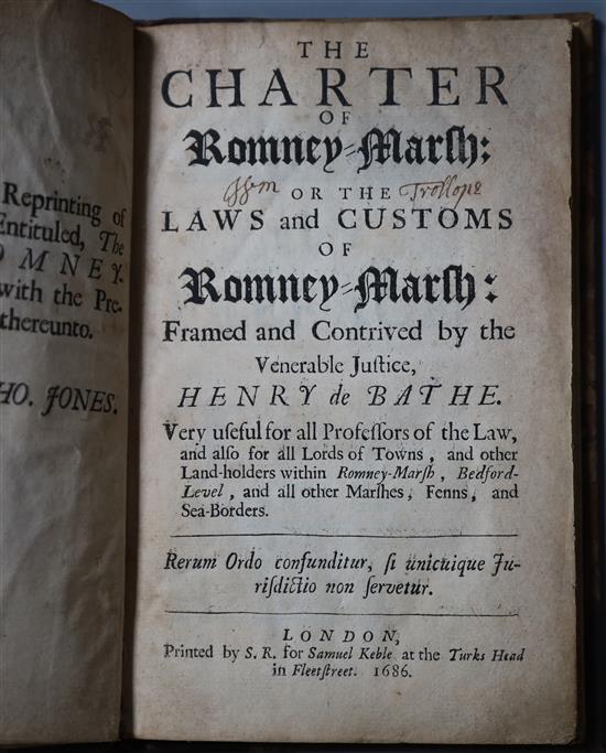 ROMNEY MARSH: Bathe, Henry de - The Charter of Romney-Marsh, 8vo, rebound quarter calf, London 1686